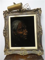 Ojibwa Indian On Black Velvet In Lighted Frame