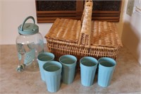 Wicker Basket with Plastic Pitcher & Cups