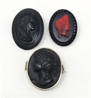 3 Victorian Carved Jet Brooch Black Cameo