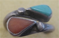 Navajo SS Turquoise & Coral Ring - Tested