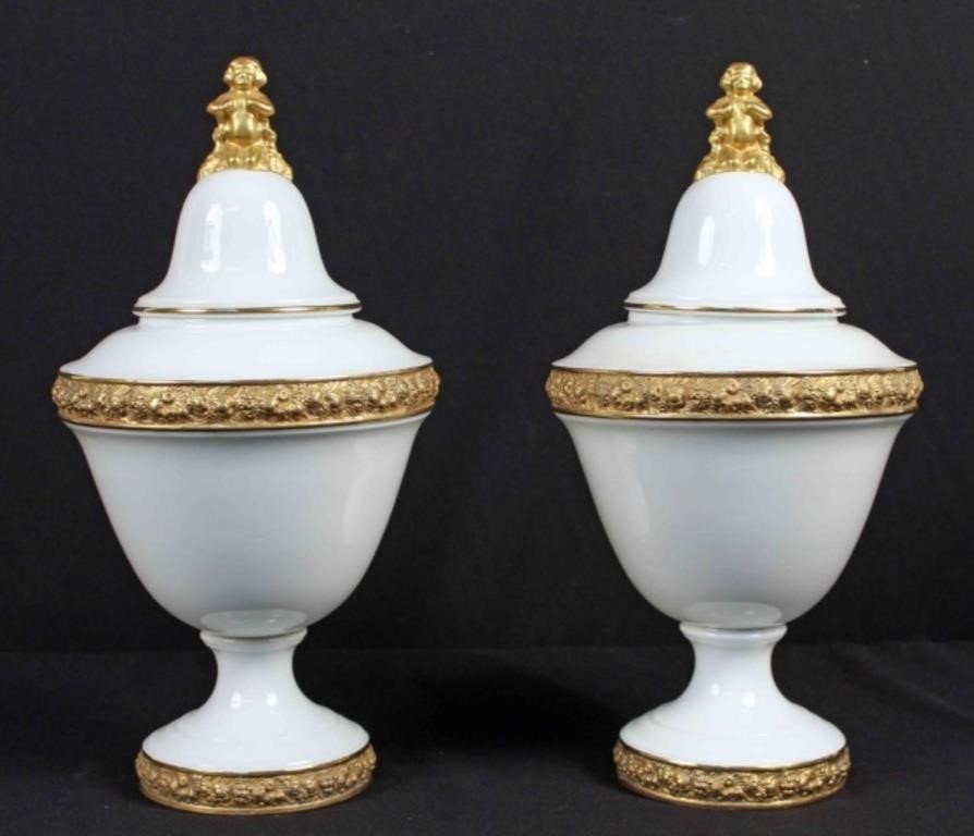 Pair of Pirkenhammer Porcelain Capped Urns