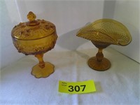(2) Amber Pedestal Dishes