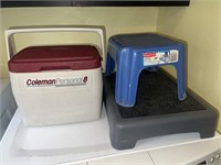 Coleman small cooler & 2 step stools