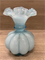 Vintage Fenton Blue Overlay Melon Vase Large 8"