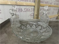 2 glass decanters & glass bowl