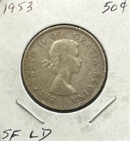 1953 50 Cents Silver Coin- SF Large Date (LD)
