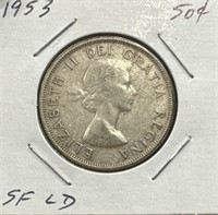 1953 50 Cents Silver Coin- SF Large Date (LD)