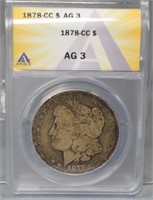 Silver U.S. Morgan 1 Dollar 1878-CC ANACS Slab AG