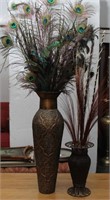 (2) Decorative Vases w/ Peacock Feathers & Misc.