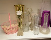 GLASS VASE LOT AND PINK WIRE BASKET