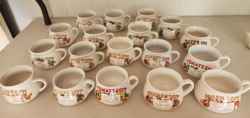18 vintage soup recipie mugs, chicken soup,