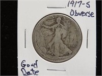 1917 S OBVERSE WALKING LIBERTY HALF DOLLAR 90%