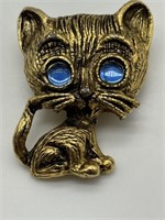 Vintage MCM Figural Brass Tone Crystal Cat Pin