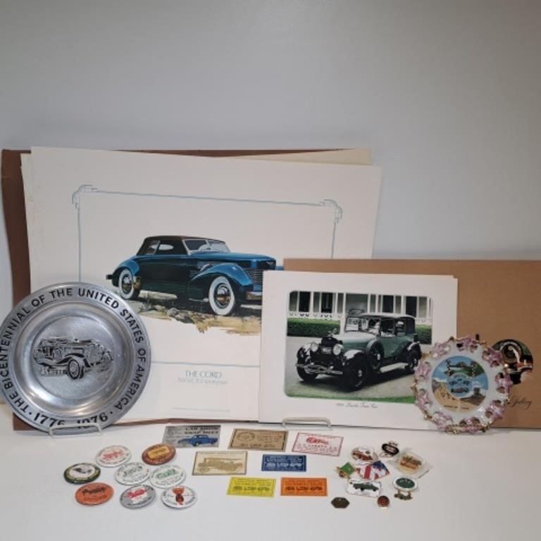 Automotive Memorabilia: Prints, Kruse Plate, Pins