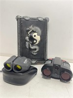 Wood Dragon Box and 2 Pairs Of Small Binoculars