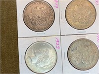 4 Silver Dollars - 1879 Morgan; 1821 Morgan