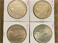 4 Peace Silver Dollars - 1922, 1922, 1926 &