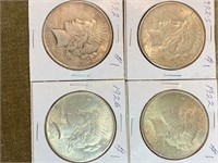 4 Peace Silver Dollars - 1922, 1922-S, 1922 &