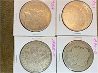 4 Silver Dollars - 1890-O Morgan; 1888-O Morgan