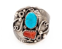 Navajo Sterling Turquoise Coral Ring Sz. 11.5