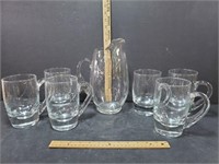10" Tall Glass Pitcher With 6 Drinking Mugs