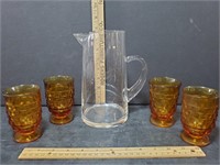 Vintage 7 1/2" Tall Glass Pitcher And 4 Amber