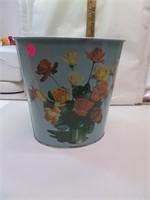 Vintage Metal Trash Can with Flower Design