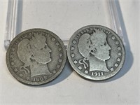 1908 o and 1911 Barber Quarter Dollar Lot
