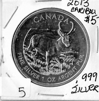 Canadian 2013 Caribou .999 1 oz silver $5 coin