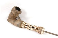 African Ceramic & Ivory carved pipe w figures