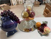 Lrg glass jar w/ faux fruit -mirrors -blue vase LR