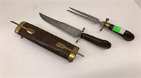 Handsome knife and fork in leather & brass case
