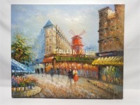 Peinture sur toile signée, scène "Moulin Rouge"
