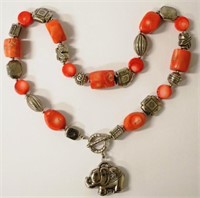 Coral & silver metal bead necklace