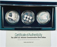 1994  3-coin US. Veterans Comm. Silver Dollars  PF