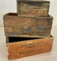 Group of three vintage wooden ammo boxes