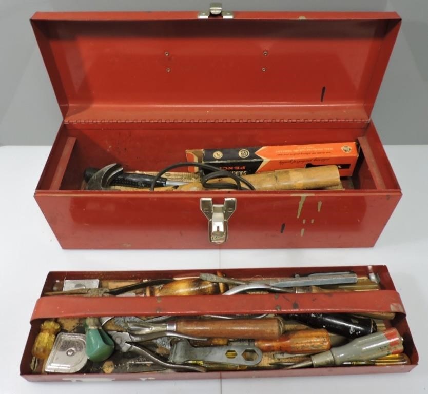 RED METAL TOOL BOX WITH ASSORTED TOOLS