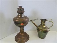 OIL LAMP BASE 12" AND METAL PITCHER MISSING TOP