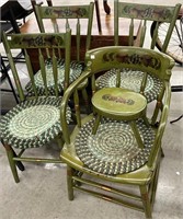 Set Of (4) Green Paint Decorated Plank Seat