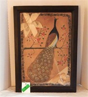 Framed peacock on velvet, painted and beaded,