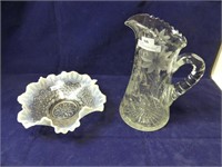 9" LEAD GLASS FLORAL PITCHER AND 8" BOWL