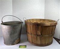Wooden Basket & Tin Bucket