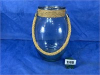 Large Glass Jar w/Rope Handle & Accent, 12.5"T