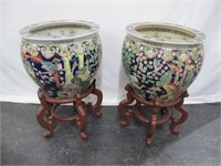 2 LARGE ORIENTAL FISH BOWL/ PLANTERS ON STANDS