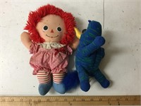 Raggedy Ann doll, teddy bears & others