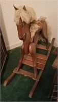 EARLY WOODEN HOBBY HORSE WITH LEATHER SEAT