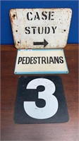 3 VINTAGE SIGNS INCLUDE PEDESTRIANS, 3, AND