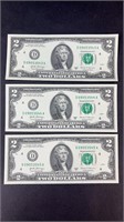 (3) $2 BILLS CONSECUTIVE SERIAL NUMBERS