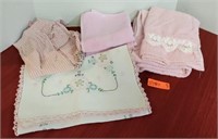 4 pink hand towels, table runner and apron