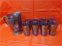 Carnival irridecent Harvest grape pitcher & 8 glas